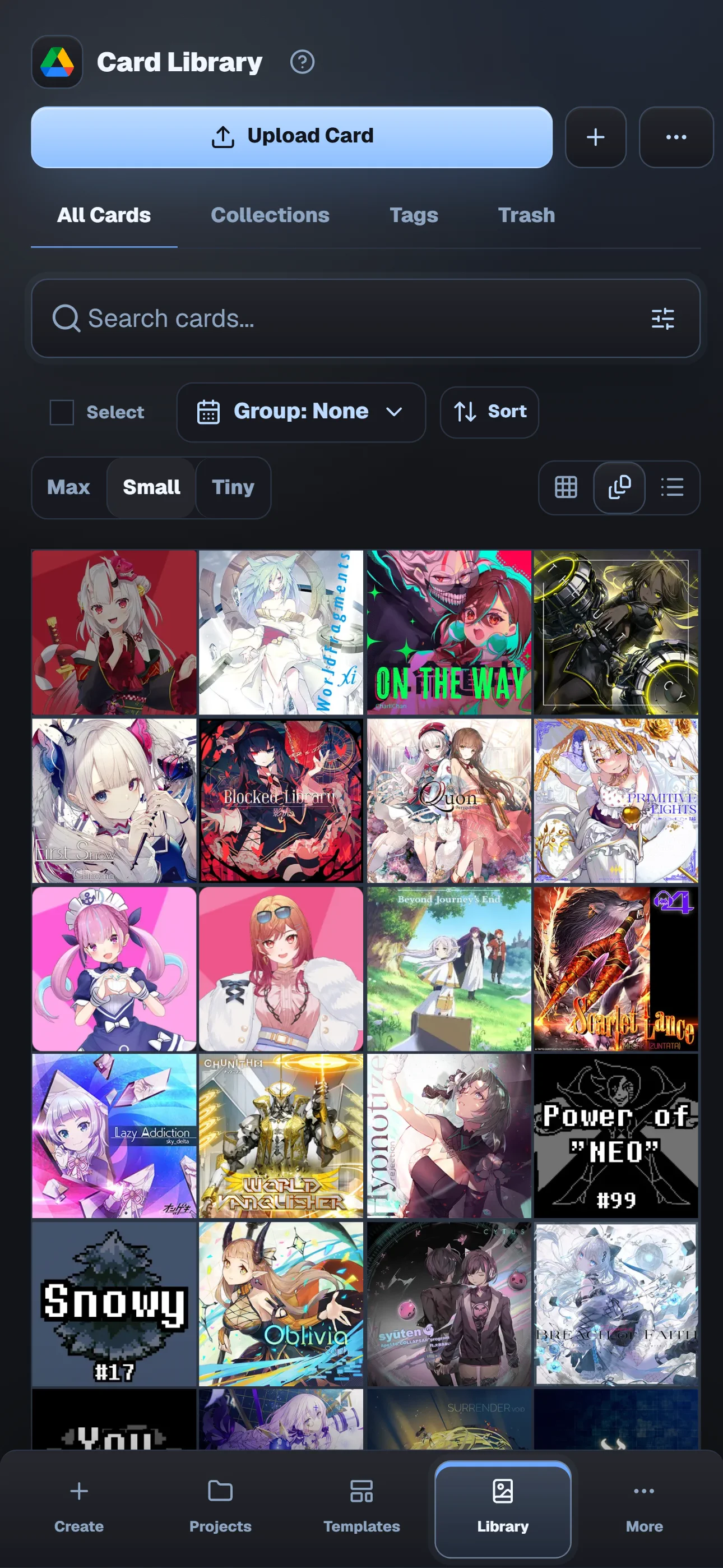 Tierworld Card Library page on mobile